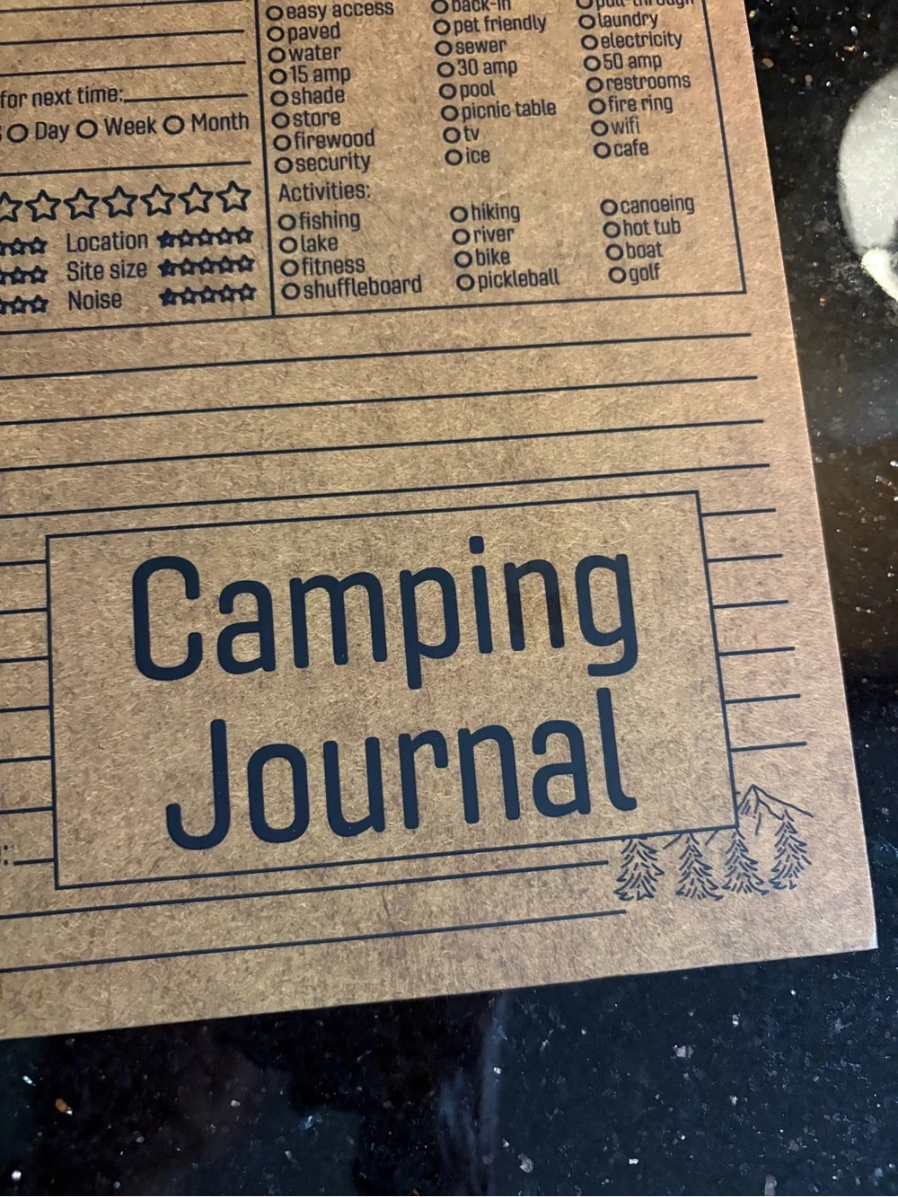 Camping Journal Notebook - Kraft Brown Cover with Navy Print